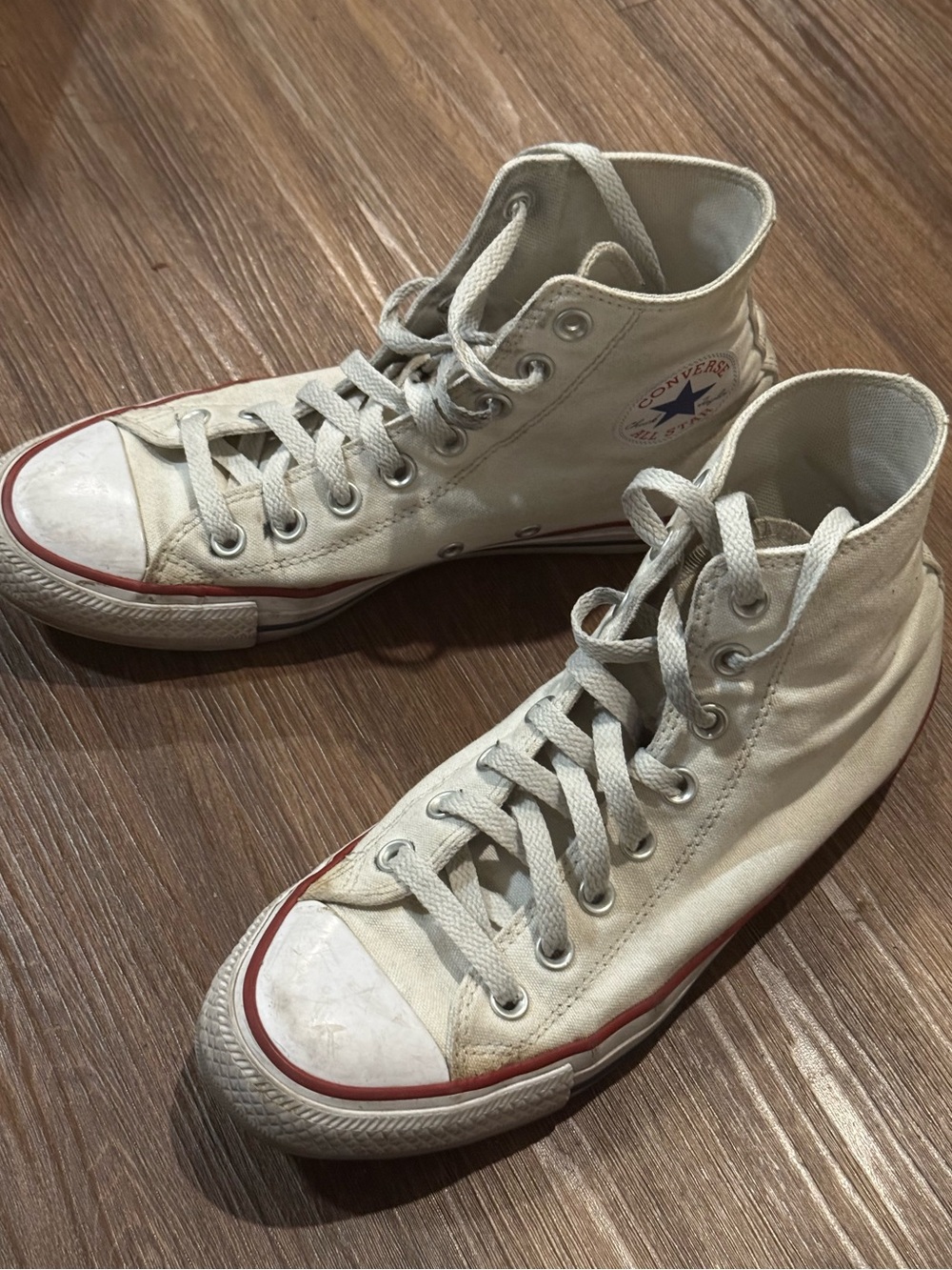Converse High Top Sneakers in Cream with Red Trim